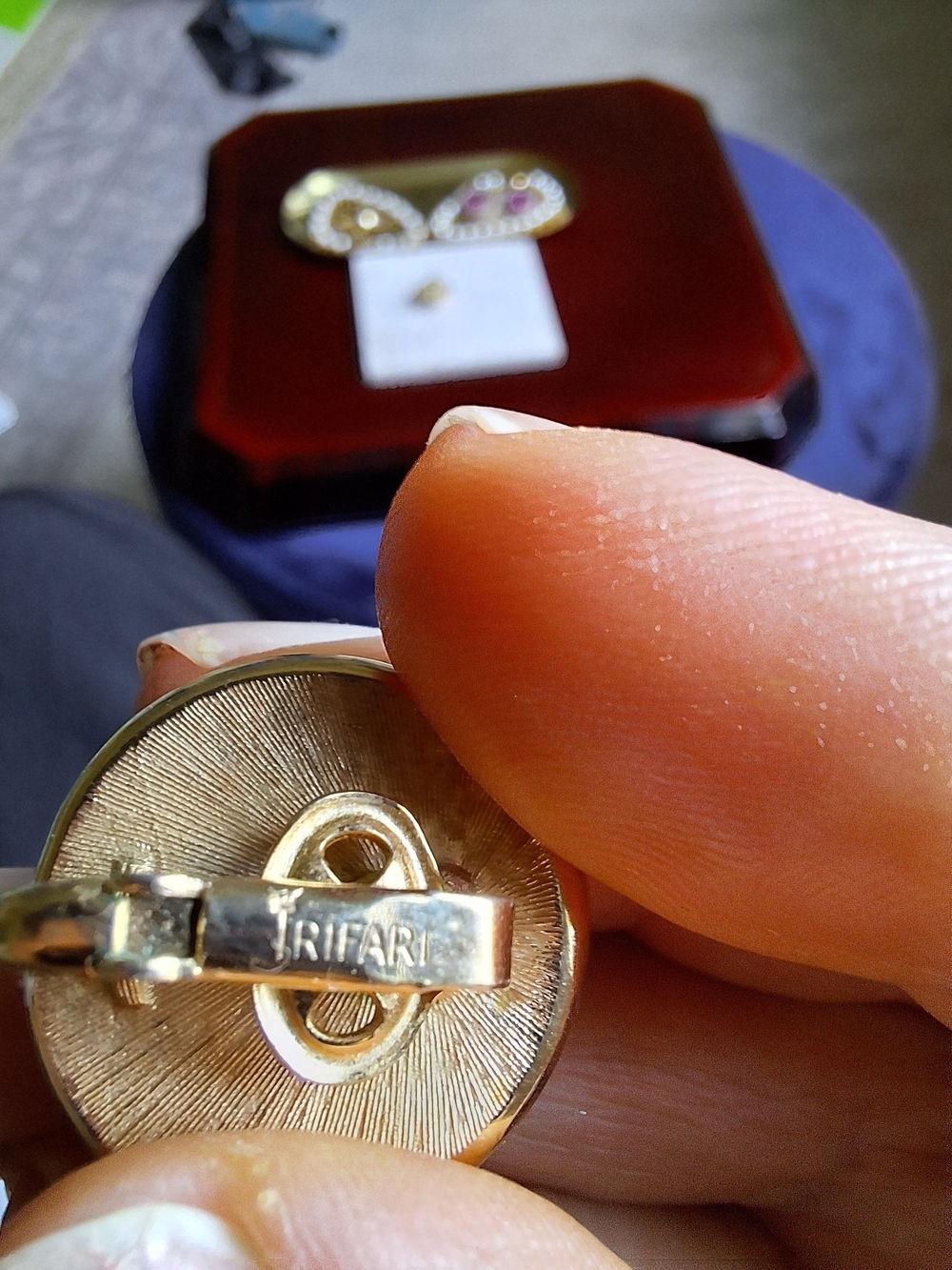 Trifari Vintage Classic Gold-Trim White Dome Stud Earrings - Picture 5 of 6
